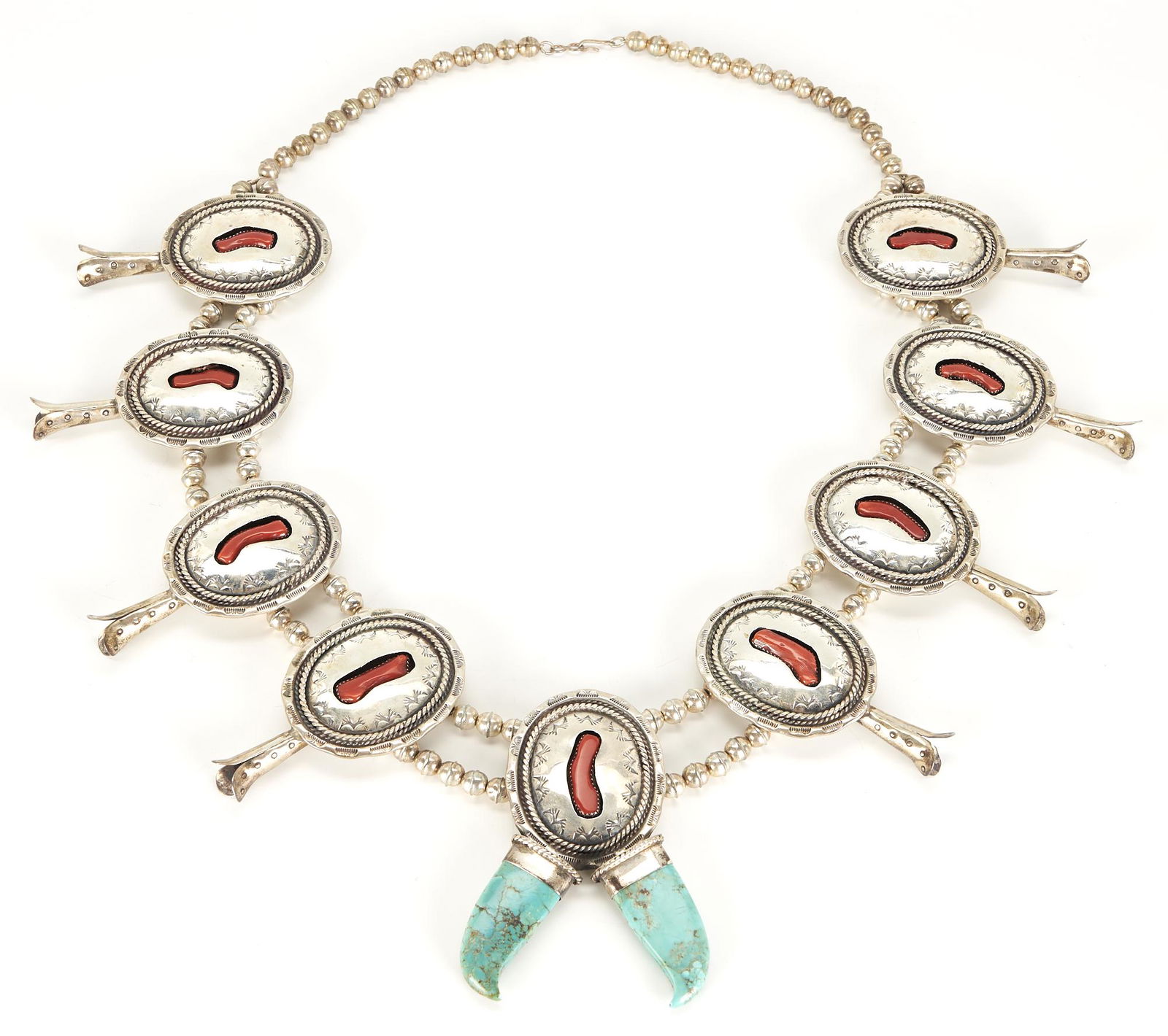 Navajo Turquoise, Coral  & Silver Squash Blossom Necklace (1 of 7)