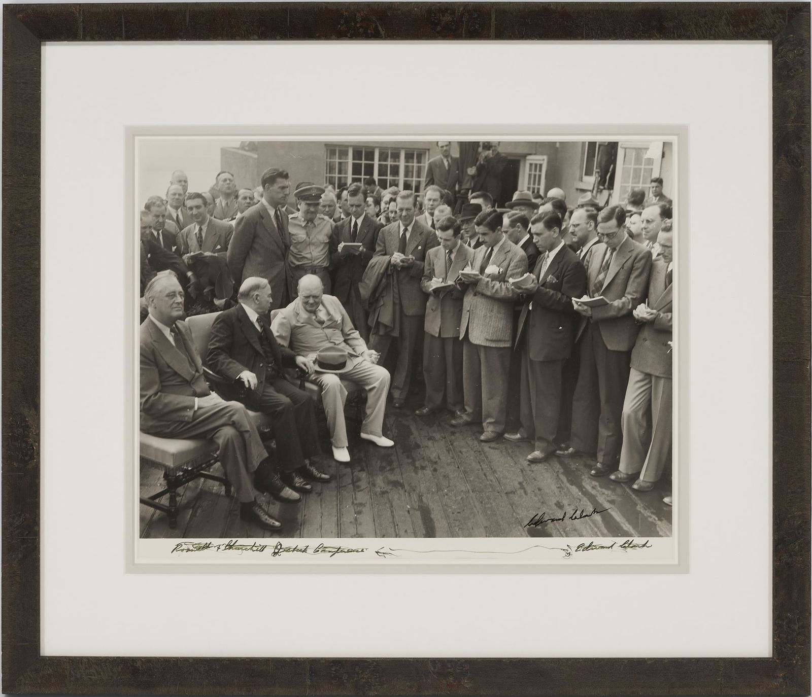 Ed Clark Photo of Roosevelt & Churchill, Quebec Conference: Edward Clark (American/Tennessee, 1911-2000) rare signed photograph of President Franklin D. Roosevelt, British Prime Minister Winston Churchill, and Canadian Prime Minister Mackenzie King at the Queb