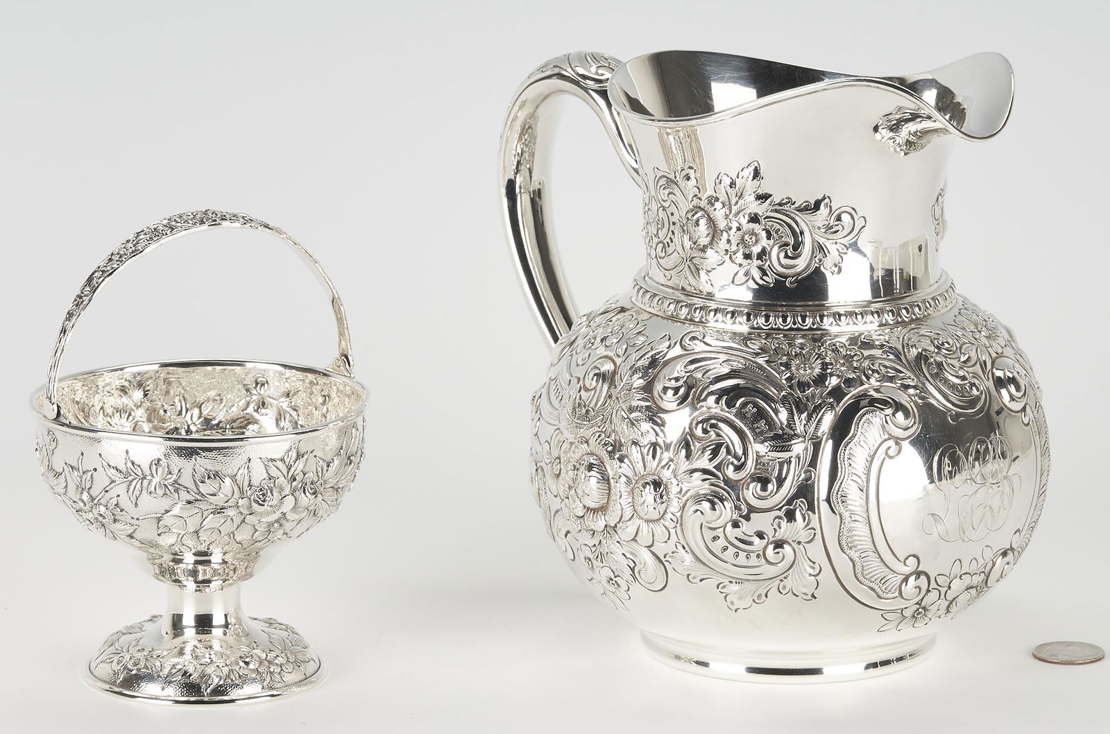 Gorham 19th C. Sterling Pitcher & Kirk Repousse Sugar Basket (2 items) (1 of 12)