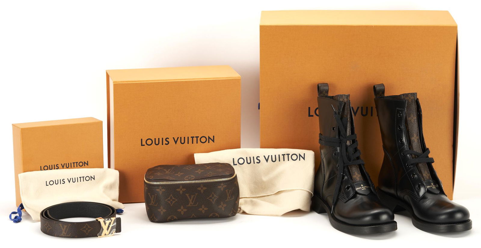 3 Louis Vuitton Items, incl. Metropolis Flat Ranger Boots, Packing Cube PM, Logo Belt (1 of 17)