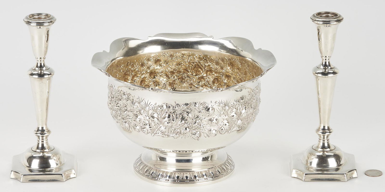 3 pcs. Sterling Silver, Gorham Repousse Bowl & Weighted Candlesticks (1 of 17)