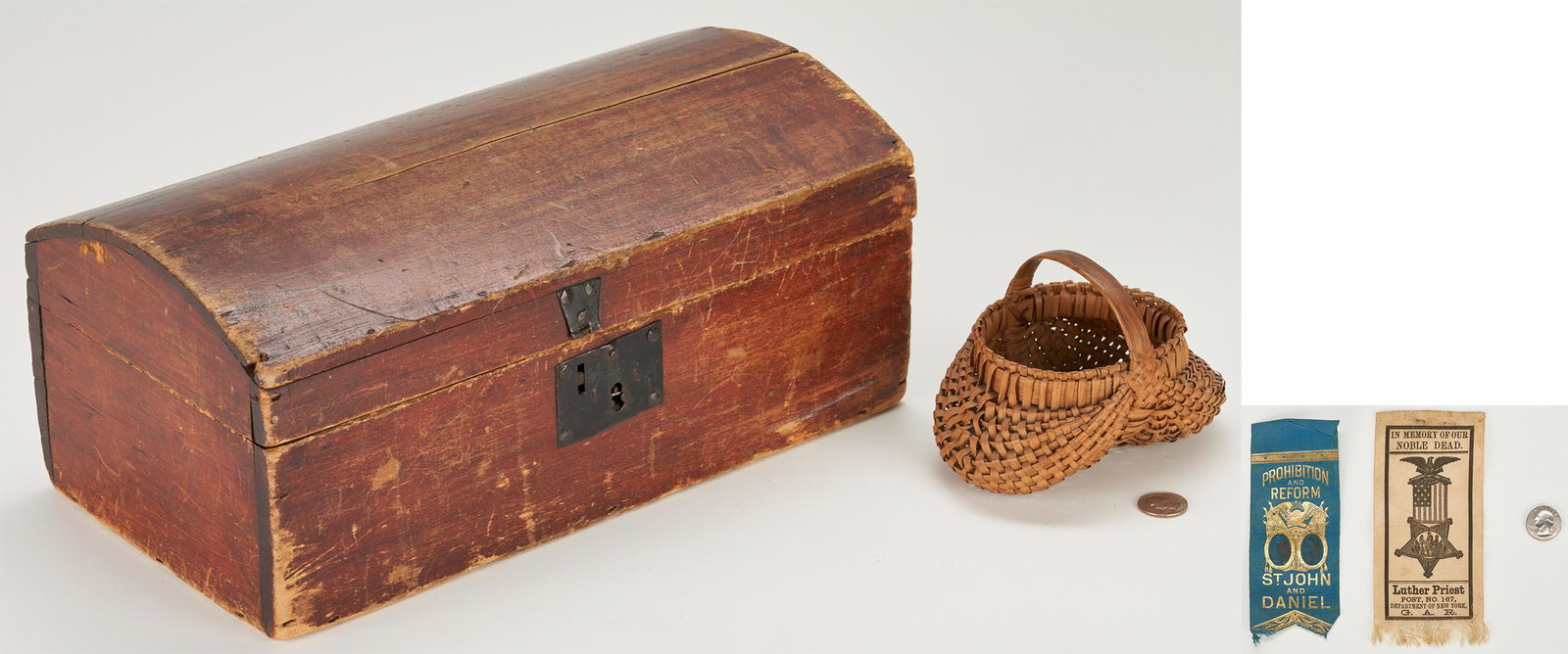 19th c. New York Keepsafe Box, Miniature Buttocks Basket, 2 Political Ribbons (1 of 20)