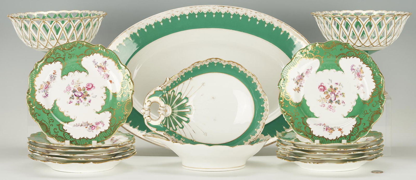 16 European Porcelain Items w/ Green Borders (1 of 13)