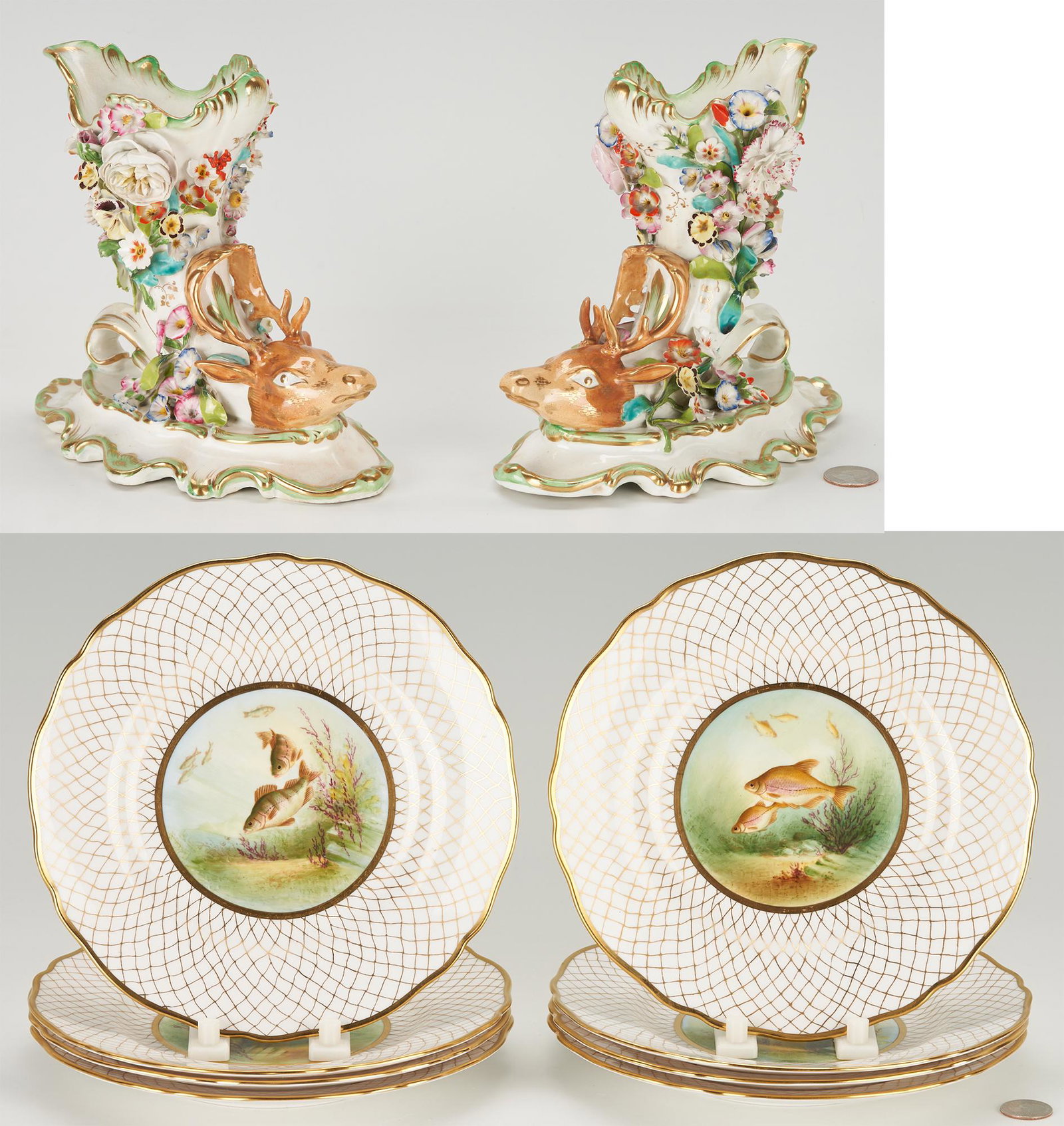 10 Pcs of English Porcelain Incl. Spode Bone China Fish Plates & 2 Floral Encrusted Stag Cups: 1st-8th items: Set of eight (8) Spode bone china game or fish plates, circa 1900, retailed by Thomas Goode & Co. Ltd. Each plate is decorated with a wide scalloped border of gilded grillwork surroundi