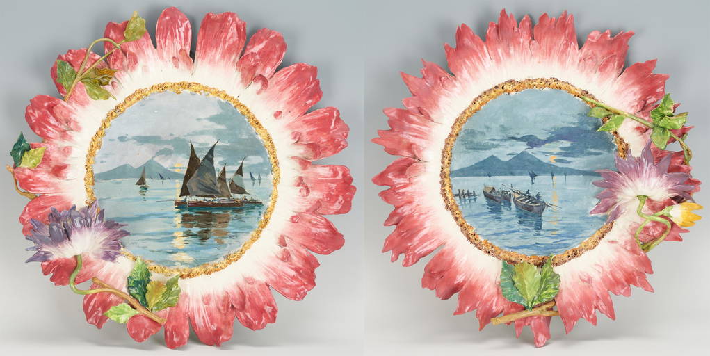 Pair Of Mollica Majolica Chargers, Petal Rims & Seascapes