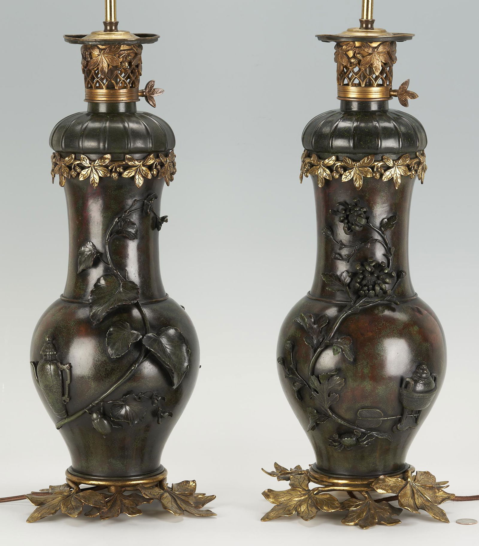 Pair of Japanese Patinated Bronze Vases, Mounted as Lamps (1 of 12)