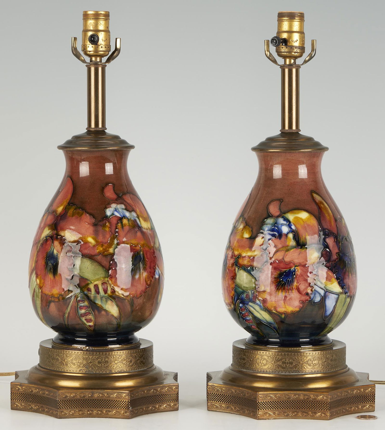 Pair Moorcroft Flambe Orchid Vase Fitted as Table Lamps (1 of 8)