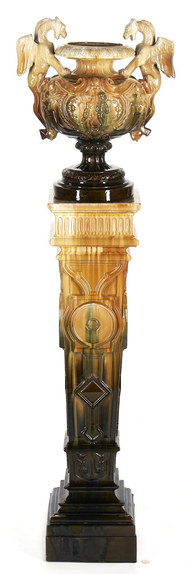 Majolica Urn w/ Dragon Handles & Pedestal (1 of 14)