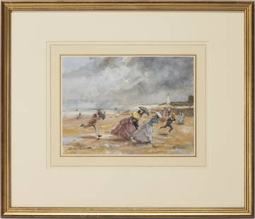 John Strickland Goodall W/C Painting, The Sudden Shower: John Strickland Goodall (United Kingdom, 1908-1996) watercolor, gouache, and graphite on paper painting titled "The Sudden Shower" depicting figures attired in Victorian clothing running along a beach