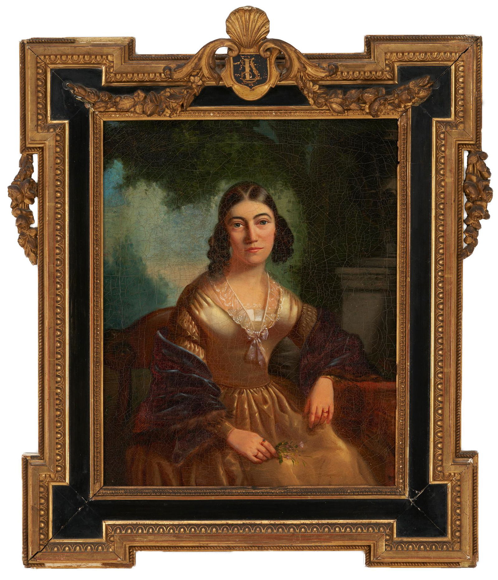 Continental School Portrait of a Woman, Signed: Continental School oil on canvas cabinet painting of an elegant, seated woman who wears a gold colored gown and holds a sprig of wildflowers before an idyllic natural setting, with a column to her lef