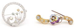 2 Ladies Gold Brooches, incl. Enameled