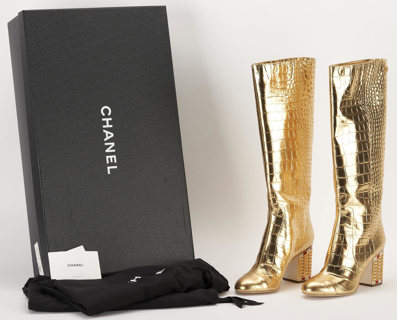 Chanel Gold Crocodile Embossed Calfskin Boots W/ Jeweled Block Heels (1 of 6)