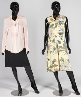 3 Gucci Silk Garments, incl. Flora Kris Knight Dress: Three (3) Gucci silk garments, including one (1) Flora Kris Knight sleeveless dress with belt, size 6 or Italian 42; one (1) cady crepe wool and silk black skirt with gold-toned interlocking GG faux b