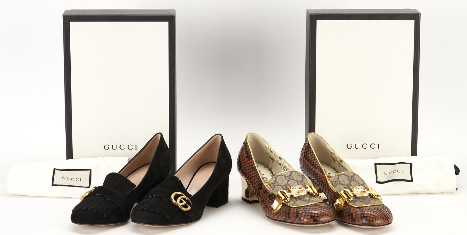 2 Prs of Gucci Loafer Style GG Pumps, incl. Suede Marmont & Supreme Python Tiger Head (1 of 12)