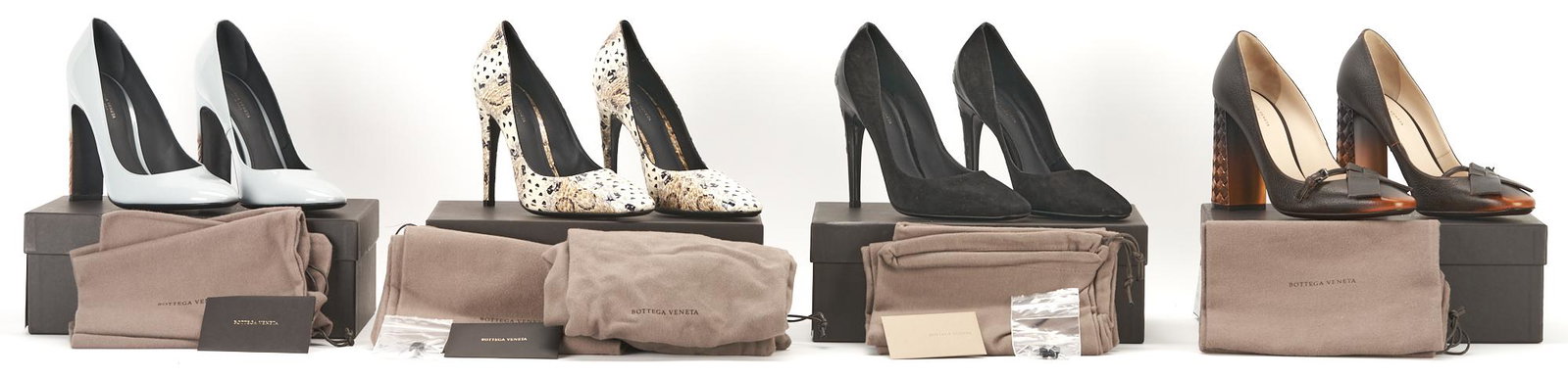 4 Pairs of Bottega Veneta Pumps, incl. Elaphe Circle Snakeskin: Four pairs of Bottega Veneta pumps, including one (1) pair of brown leather pumps with metallic bronze sheen to woven heel and nude insoles, includes two dust bags and original box, size 39 1/2; one (