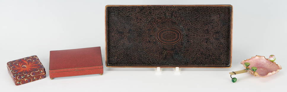 4 Asian Decorative Items, Cloisonne tray, 2 boxes & Handled Tray: Grouping of Asian Cloisonne and Enamel Items. 1st: Cloisonne tray, decorated with continuous foliate scrolls on a black ground, etched four character mark to base translated "Loa Tian Li Zhi". 7/8"