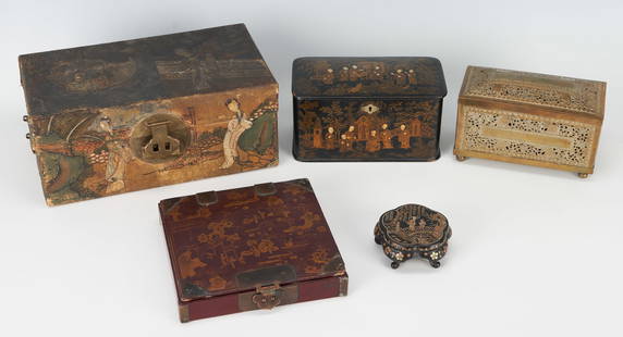 Chinoiserie Lacquer Tea Caddy, Various Boxes and Stand: First: Chinese paper mache black lacquer tea caddy decorated in gilt with figures, hinged lid opens to double compartments for tea lined with foil. 4 3/4" H x 8 1/2" W x 4 1/2" D. Second: Chinese poly