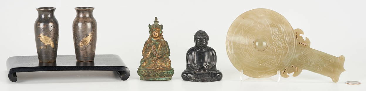 5 Asian Decorative Items, incl. Vases, Buddhas & Jade: Assembled group of five (5) Asian decorative items including: (1) Southeast Asian Buddha with gilt and verdigris surface on lotus form base with repousse flower designs to underside; one pair of Japan