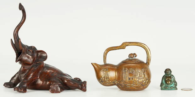 3 Asian Bronze Items, Elephant, Teapot & Buddha: 1st item: Japanese Meiji period patinated bronze sculpture depicting a seated elephant with a raised trunk and open mouth. Seal form mark to the base. 7 1/4" H x 7" L x 4 1/4" W. 2nd item: Asian, poss