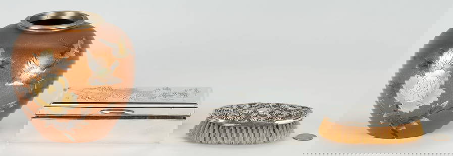 Chinese Silver Brush, Japanese .950 Silver Box, & Mixed Metal Vase: 1st item: Japanese .950 sterling silver box with engraved mountainous landscape decoration, signed lower left of top, and having a dark hardwood lining. Stamped STERLING SILVER 950 to underside. 7"L