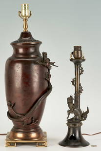 Two Japanese Bronze Table Lamps: Two (2) Japanese bronze table lamps including: one (1) large vase form lamp with applied figural dragon decoration to the body, top with pierced conforming lid and mounted onto a square gilt bronze ba