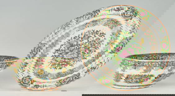 Chinese Famille Rose Canton Charger & Punch Bowl: 1st item: Chinese Export Rose Canton polychrome and parcel gilt porcelain charger comprised of central insect and foliate spray design surrounded by Shou symbol of longevity and bat motifs, with bird
