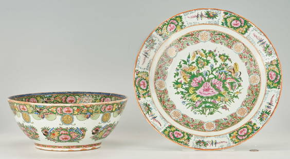 Chinese Famille Rose Canton Charger & Punch Bowl: 1st item: Chinese Export Rose Canton polychrome and parcel gilt porcelain charger comprised of central insect and foliate spray design surrounded by Shou symbol of longevity and bat motifs, with bird