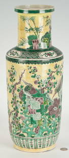 Chinese Famille Verte Porcelain Vase: Chinese Export Famille Verte yellow ground porcelain vase, roleau form, the neck and body with bird amongst flowering branch decoration and the shoulder with vignettes of auspicious symbols on a latti