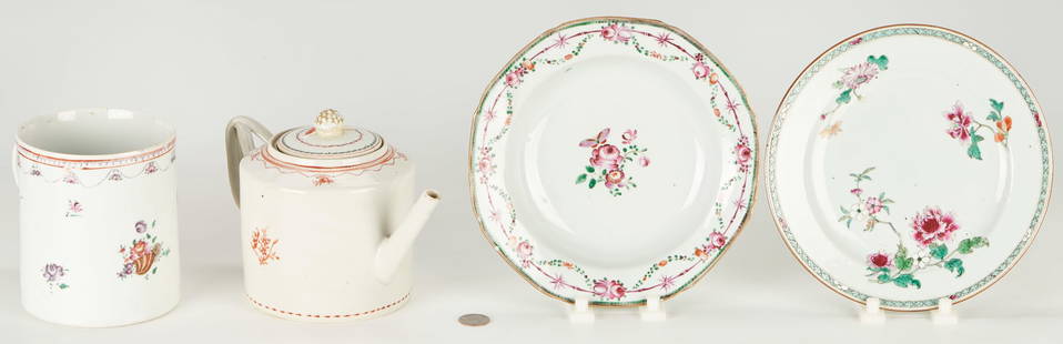 4 Chinese Export Famille Rose Porcelain Items: Tankard, Teapot & Plates: Group of four (4) assembled Chinese Export porcelain items, all with polychrome floral decoration on white ground including a large tankard or mug having twist rope handles with floral and leaf