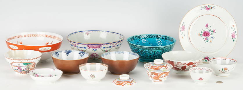 15 Pcs. Chinese Export Porcelain incl. Batavia Ware: Fifteen (15) pieces porcelain, most 18th through early 19th century Chinese Export. 1st and 2nd items: Two Chinese Batavia ware bowls with blue and white floral decorated interiors, each 5 1/2"