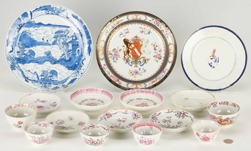 Group Chinese Export Armorial and Soft Paste Porcelain, 16 pcs: Sixteen (16) pieces porcelain including Chinese Export and English soft paste / Lowestoft, with Famille Rose, floral, and Armorial decoration. Includes 1 polychrome plate with coat of arms (wear to ov