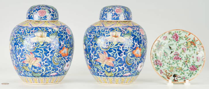 Pr Porcelain Chinese Ginger Jars + 1 Celadon Famille Rose Plate: 1st and 2nd items: Pair of Chinese porcelain lidded ginger jars, Republic Period, enameled with polychrome floral designs on a blue background, stamped CHINA to undersides. 10"H. 3rd item: Small