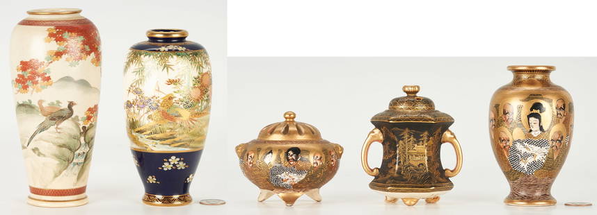 5 Japanese Satsuma Meiji Porcelain Items: Grouping of five (5) Japanese Satsuma Meiji period porcelain items including: one (1) vase having arhats and enameled dragon decoration with seal mark to the base; one (1) lidded globuler form