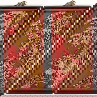 Pr. Antique Chinese Carved Giltwood & Lacquer Panels: Pair Chinese Qing lacquer landscape panels or plaques, one with carved gilt Gingko tree, prunus and bird designs in relief against a red lacquer background, and the other with carved gilt flowering