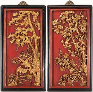 Pr. Antique Chinese Carved Giltwood & Lacquer Panels: Pair Chinese Qing lacquer landscape panels or plaques, one with carved gilt Gingko tree, prunus and bird designs in relief against a red lacquer background, and the other with carved gilt flowering