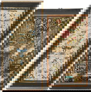 Chinese Relief Carved Panel & Framed Chinese Silk Panel, 2 items: 1st item: Chinese deep relief carved and polychrome painted wood panel, likely architectural, with various carved objects including a central dragon vase with chrysanthemums surrounded by other Chines