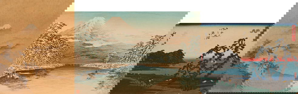 3 Japanese Artworks, incl. Scarce Hiroaki, Mt. Fuji, & Original Hiroshige, Tokaido Road: 1st item: Takahashi Shotei (Japanese, 1871-1945), born Hiroaki, vertical orban color woodcut print depicting Mt. Fuji in the snow as seen from Tagonoura. Published by Shozaburo Watanabe with the