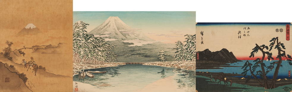 3 Japanese Artworks, incl. Scarce Hiroaki, Mt. Fuji, & Original Hiroshige, Tokaido Road: 1st item: Takahashi Shotei (Japanese, 1871-1945), born Hiroaki, vertical orban color woodcut print depicting Mt. Fuji in the snow as seen from Tagonoura. Published by Shozaburo Watanabe with the