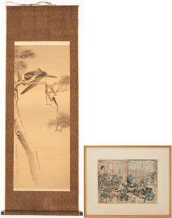 Japanese Scroll Painting, Birds in Pine Tree, & Utagawa Yoshitora Woodblock Battle Scene: 1st item: Japanese scroll painting rendered in ink, watercolor, and gouache, depicting two birds resting together in a pine tree. Inscribed with two red seals lower left. Silk brocade borders with