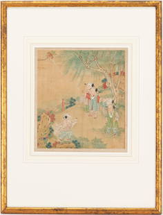 Chinese Silk Painting, Boys Flying Kite: Qing Dynasty, 19th century watercolor on silk painting depicting boys flying a kite in an outdoor landscape setting. Matted and framed under glass in a faux bronze finish frame. Image - 11 1/2" H x