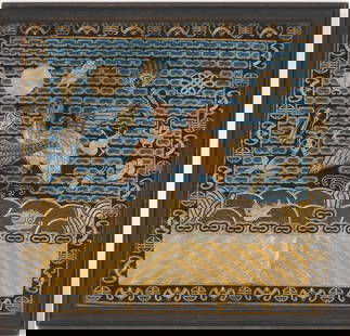 Chinese Phoenix Rank Badge: Framed Qing Dynasty Kesi metallic silk embroidered rank badge, featuring central phoenix bird in flight, surrounded by clouds and auspicious symbols, with bat and Shou symbols to border. 11 1/2" x