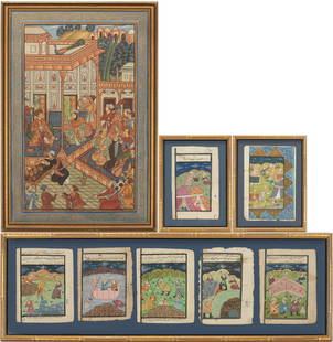 Collection of Indian / Middle Eastern Paintings in 4 frames: 1st item: Large Watercolor on silk Indian Mughal style painting depicting a court scene, enclosed in a gilt foliate stenciled blue border. Unsigned. Parcel gilt frame. 32" x 21" sight, 35" x 24" frame