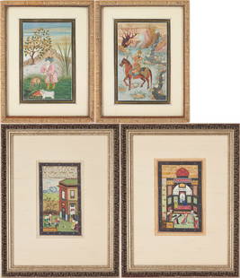 4 Framed Mughal Miniature Paintings: Four (4) Mughal or Persian gouache illuminated miniature paintings, 19th or 20th century. 1st-2nd items: Two paintings on paper and signed Ali Civil. One depicting seven figures before a building and