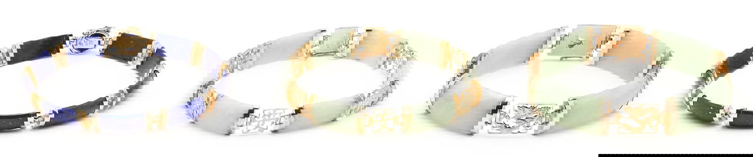 3 14K Asian Jade & Lapis Bracelets: A group of three (3) Asian Jade and Lapis Bracelets. 1st item: Ladies 14K yellow gold bracelet featuring four (4) jadeite light green jade segments approximately 1 x 1/2" each. The bracelet is marked
