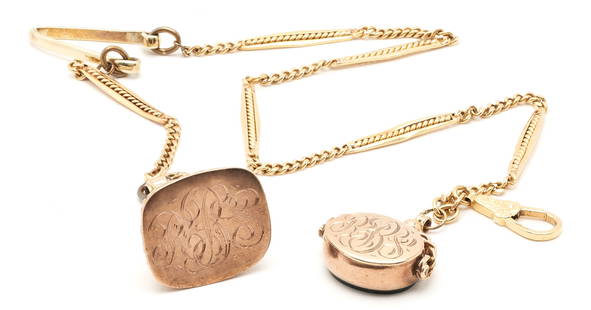 Gold Pocket Watch Chain with Fob & Stamp: 18K yellow gold pocket watch chain with 9K yellow gold fob and 10K yellow gold wax seal stamp. The chain is marked "750" and XRF tests 18K gold. The fob features an oval bloodstone, is marked "9 375 N