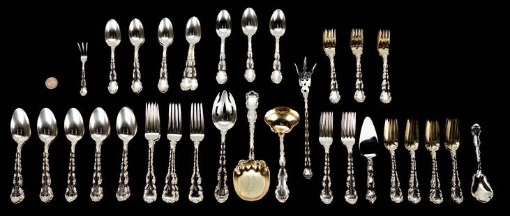 Gorham Strasbourg Sterling Silver Flatware, 72 pieces: 72 pieces Gorham Strasbourg Sterling Silver Flatware, including 6 dinner forks (7 1/2" L), 6 luncheon forks (7" L), 12 salad forks (6 3/8" L), 9 pastry forks, (5 7/8" L), 12 oval bowl soup spoons (7"