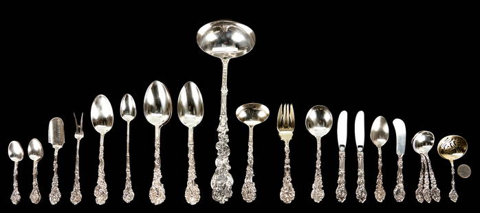 29 pcs Gorham Versailles Sterling Silver Flatware: Twenty-nine (29) pieces sterling silver flatware in the Versailles pattern by Gorham, designed 1888 by Antoine Heller. Includes 1 large ladle (13"L), 4 table/serving spoons, 1 dessert spoon, 1 round b