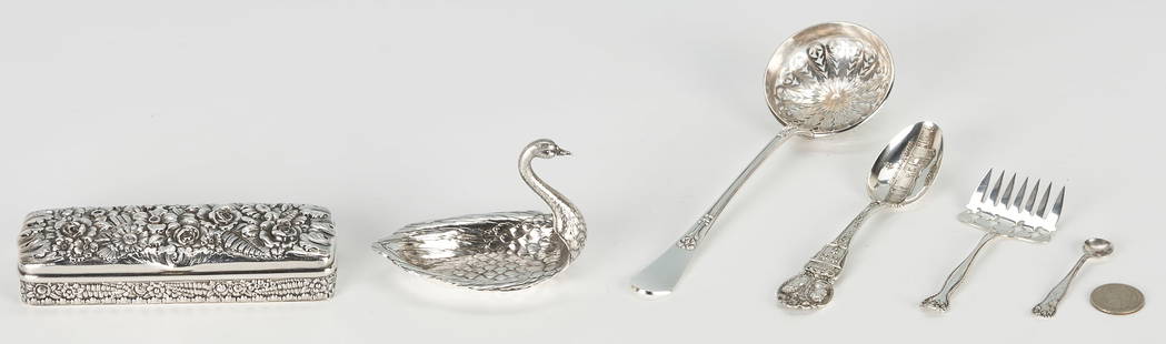 6 pcs Silver inc. Tiffany Sterling Box, Gorham Swan. Snowden Family: Includes one (1) Tiffany sterling silver trinket box with repousse decoration, 5 1/2"L, with presentation engraved inscription to underside for the birth of Dorothy Snowden (Feb. 22, 1937) from her gr