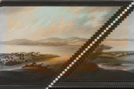 18th C. Liverpool & Birkenhead Panoramic English Landscape, O/C: English School, 18th century oil on canvas painting depicting a view of Birkenhead, Wirral, with the River Mersey and city of Liverpool in the background. Unsigned. Housed in an ebonized wood frame. S