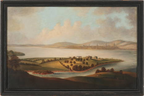 18th C. Liverpool & Birkenhead Panoramic English Landscape, O/C: English School, 18th century oil on canvas painting depicting a view of Birkenhead, Wirral, with the River Mersey and city of Liverpool in the background. Unsigned. Housed in an ebonized wood frame. S